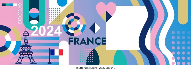 paris themed banner design. Abstract celebration geometric decoration, pink, white, dark blue, turquoise, perfect for France national day flag