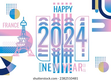 Diseño de pancartas vectoriales con temática parisina HAPPY NEW YEAR 2024. Resumen de la decoración geométrica festiva, rosa, blanca, azul oscuro y turquesa. estilo moderno