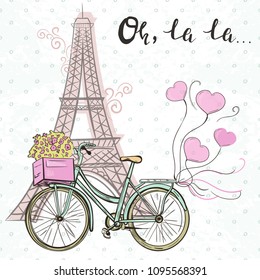 Paris themed template with Eiffel tower and cute bike with ballooons and text oh, la la
