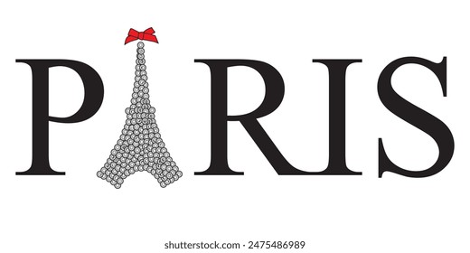 Paris Title Eiffel Tower, Modern Wordmark Paris and Eiffel tower logo design, Paris Eiffel tower head red bow, French design for clothes, Tower Eiffel with Paris lettering stock illustration t shirt