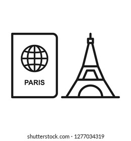 Paris tour, eiffel tower with passport. Simple line icon. Isolate on white background. Vector.