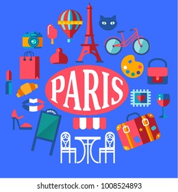  Paris tourism concept image. Flat vector icons for vacation