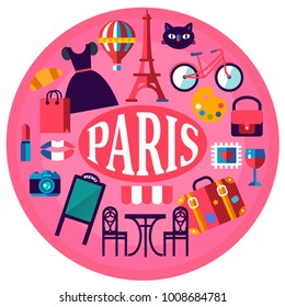  Paris tourism concept image. Flat vector icons for vacation