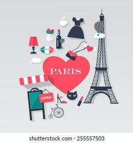  Paris tourism concept image.Vacation flat vector french icons. 