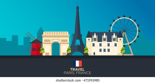 Paris. Tourism. Travelling illustration Paris city. Modern flat design. Paris skyline. France