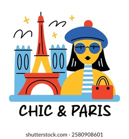 Paris tourist standing in front of eiffel tower with chic and paris text, flat sticker 
