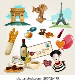 Paris touristic set with cartoon baguette wine croissant wine bottle icons isolated vector illustration