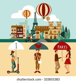 Paris touristic set with famous landmarks and tourist people vector illustration