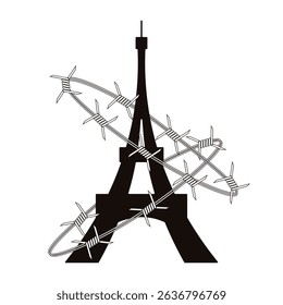 Paris Tower in barbed wire. Vector illustration of simple black silhouette of Paris Tower wrap barbed wire isolated transparent background. EPS 10 