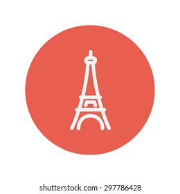 Icono de la línea delgada de la torre de París para diseño de web y móvil minimalista plano. Icono blanco vector dentro del círculo rojo.