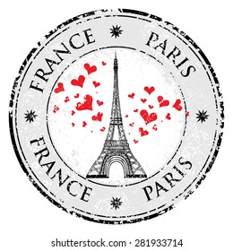 Paris town in France grunge stamp love heart, eiffel tower vector valentines day illustration