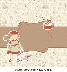 Paris travel background with cake and little french girl character, copyspace for text. Retro vintage style.