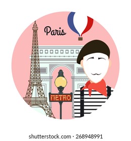 Paris. Travel background and infographic. Colorful concept in flat style with famous landmarks and elements: the Eiffel tower, the metro, the arc de Triomphe.