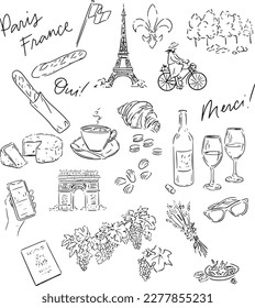 Paris Travel Clip Art Verschiedene Linien Zeichnungen Eiffelturm Weinkäse Baguette Urlaub Urlaub Reise Ort Illustration Schwarz-Weiß elegante Art arc de triomphe Vektorgrafik Café Frankreich Croissant 