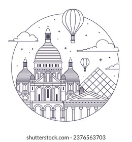 Paris travel icon or emblem in circle shape with air balloons, Sacre Coeur church and famous museum pyramid. France vacation illustration in line art design with Basilica of the Sacred Heart.