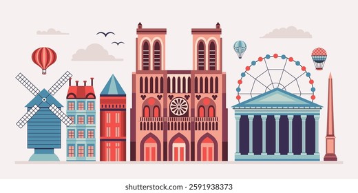 Paris travel illustration with monuments, popular buildings and architectural symbols. France capital panorama with iconic cultural landmarks in flat design.