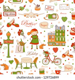 Paris travel seamless pattern, travel background. Endless pattern can be used for wallpaper, pattern fills, web page background, surface textures.