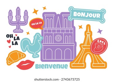 Paris Travel Stickers Set with Eiffel Tower Notre Dame Croissant Rooster Bonjour Ooh La La. French Icons Colorful Collage Illustration