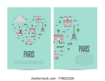 Paris travel tour booklet set with famous architectural attractions. Touristic advertising vector layout for travel agency, europe tourism. French landmarks and traditional symbols in linear style.