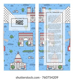 Paris traveling flyers set with famous monuments. Touristic tour advertising for travel agency, european voyage vector illustration. French traditional architectural landmarks in linear style.