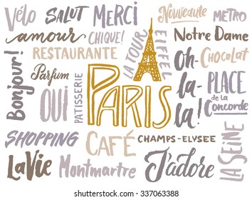 The Paris typographical poster for your design. Tourist attractions, places to visit and french words.