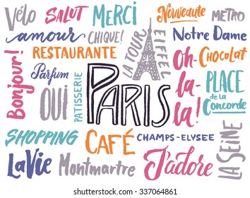 The Paris typographical poster for your design. Tourist attractions, places to visit and french words.