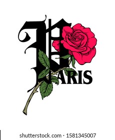 Paris typography design with rose illustration