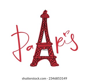 Paris typography lettering word, Eiffel Tower drawing. Vector illustration design for slogan tee, fashion graphic, t shirt, print, poster, card.