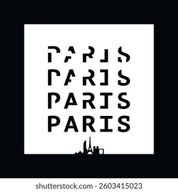 Paris typography minimalist vector image for sticker, logo, icon layout. Square shape print image template with text, black and white for France city