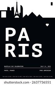 Paris typography minimalist vector poster for national event, public holiday, independence day, festival layout. Brochure, leaflet, flyer, presentation image template for France city
