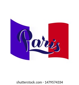 Paris typography text on flag of France. Trendy lettering design. Print for t-shirt, postcard, souvenir, bag. Vector eps 10.