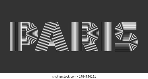 Texto de tipografía de París. Impresión o lema de París con letras a rayas. Camiseta, imprenta, afiche, diseño gráfico. Ilustración vectorial.