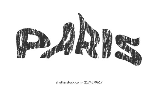 Paris typography text or slogan. Wavy letters with grunge, rough texture. T-shirt graphic with ripple or glitch effect. Abstract print, banner, poster, emblem design. Vector illustration.