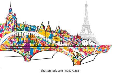 Paris Urban City Bridge and Eiffel Tower, hand-drawn vector sketch and colorful map symbol.
