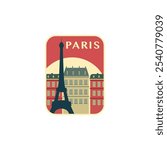 Paris vector badge, flat skyline logo, icon. Vintage France city capital horizon landmark emblem with buildings, tower. Isolated graphic