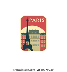 Paris vector badge, flat skyline logo, icon. Vintage France city capital horizon landmark emblem with buildings, tower. Isolated graphic