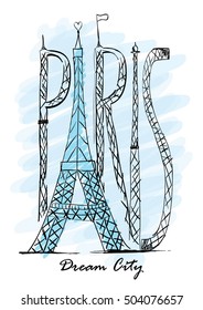 paris ,Vector hand drawn illustration with Eiffel tower,  