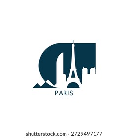 Paris vector icon with skyline, panoramic view, city shape. France capital area landmarks logo concept. Blue flat isolated graphic, badge