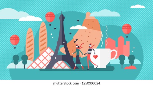 Paris vector illustration concept. Famous french culture symbols landscape. Europe tourism holidays destination, loving couple in most romantic urban city enjoying leisure in urban parks and cafes.