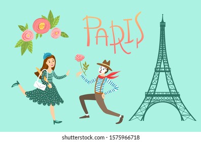 Paris vector illustration. cute picture with The Eiffel Tower, girl and mime. could be used for phone case, t-shirt, etc 