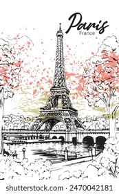 Paris Vector illustration of Eiffel Tower and the river Seine, Paris, France, Europe. Freehand drawing. Sketchy