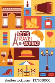 Paris vector pattern french culture eiffel tower and triumphal illustration europe tourism fashion city traveling in France backdrop set parisian cheese croissant background banner.