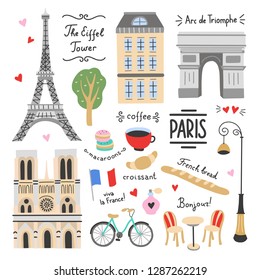 Paris vector set on white background. French symbols and icons. Visit Paris illustrations: architecture, The Eiffel Tower, parisian cafe, bicycle