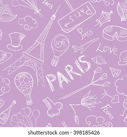 Paris Vector Sketch Pattern | Seamless texture with doodle France symbols and lettering