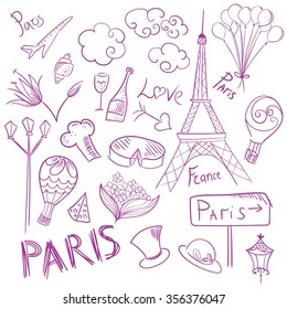 Paris Vector Sketch Symbols Set | Collection of line art doodle icon with France association and lettering