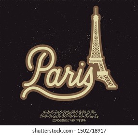 Paris. Vector vintage illustration with script typeface. Font for creating posters, stickers and prints on clothes.