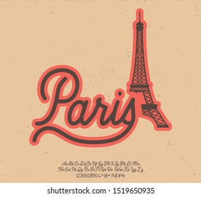 Paris. Vector vintage illustration with script typeface. Font for creating posters, stickers and prints on clothe.