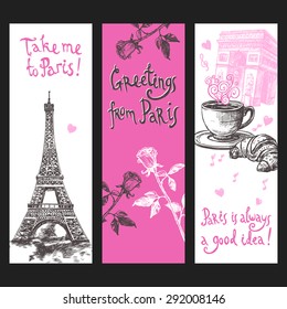 Paris vertical banner set with hand drawn flowers and coffee isolated vector illustration