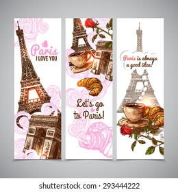 Paris vertical banners with sketch eiffel tower coffee cup and croissant isolated vector illustration