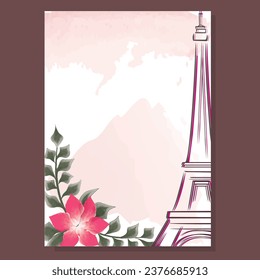 Paris vintage card with Eiffel tower, pink rose, watercolor, spot